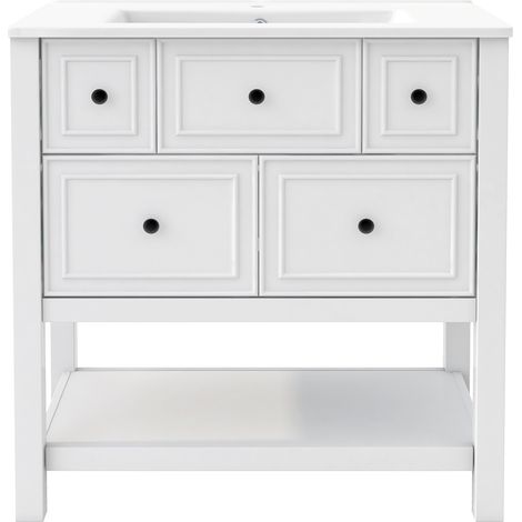 Meuble salle de bain avec lavabo céramique intégré, 5 tiroirs, 76 x 46,5 x 82 cm, blanc (1/5)