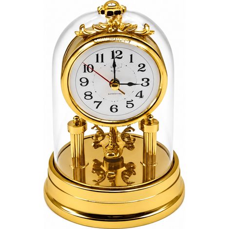 Relaxdays table clock, retro, HxD: 17 x 11 cm, analogue, battery, dome & pendulum, plastic, mantel clock, gold (1/5)