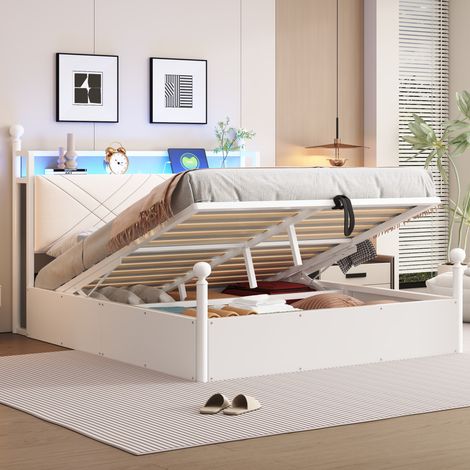 Lit coffre adulte 140x190 cm avec LED, USB/Type-C et rangement hydraulique, baldaquin amovible, métal blanc (1/5)