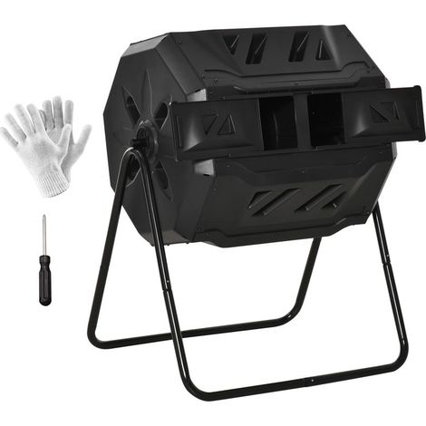 Composteur à 2 compartiments, capacité 160 L, rotatif, 71 cm x 65 cm x 96 cm, noir (1/5)