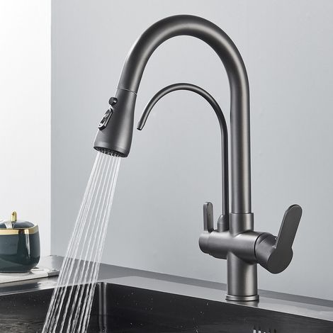 Zamery – Mitigeur de cuisine avec douchette extractible – Acier inoxydable sans plomb – 3 modes de pulvérisation – Rotatif 360° pour évier double (1/5)
