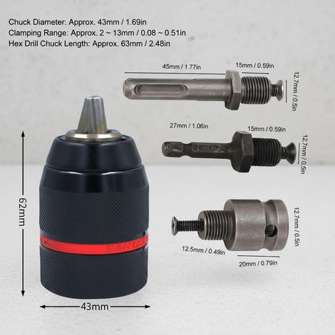 Ensemble de 4 mandrins de perçage sans clé en métal 2-13 mm, adaptateurs SDS, tournevis à percussion et clé à tarauder. Accessoires d'ingénierie de haute précision. (1/5)