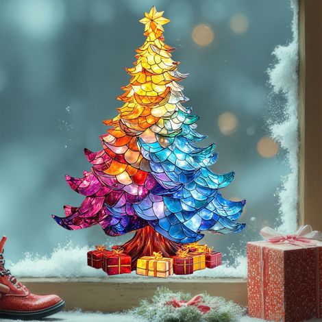 Sticker Fenêtre Noël - Arbre De Noël Statique Réutilisable Pour Vitre - Décoration Festive Multicolore - 40 x 30 cm - 1 Pièce (1/5)