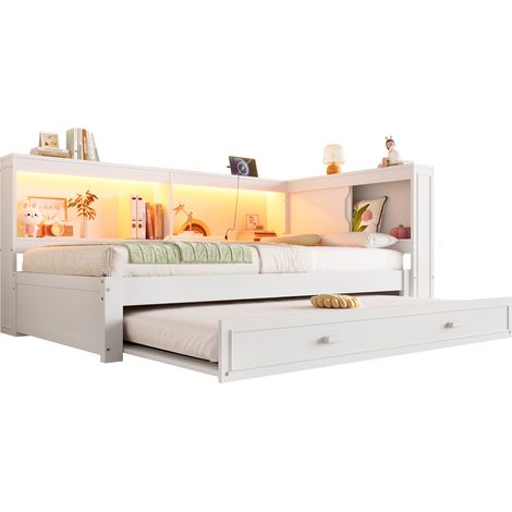 Lit banquette 90x200 blanc LED USB-C lit gigogne sans matelas