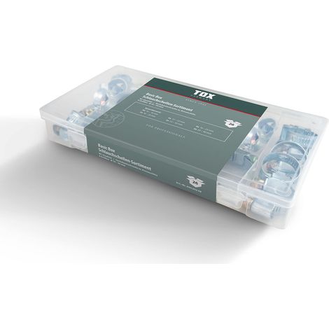 Tox Assortimento di Fascette Stringitubo in Acciaio Zincato per il Collegamento con Raccordi, Vite a Testa Esagonale, 6 Misure in Scatola di Trasporto Trasparente, ⌀ 10-40 Mm, 26 Pezzi, 09490208 (1/4)