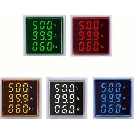 Affichage numérique LED carré 22 mm, tension, courant et fréquence 20-75 Hz, 60-500 V CA, 0-100 A. Panneau de mesure 3 en 1 pour applications industrielles. (1/4)