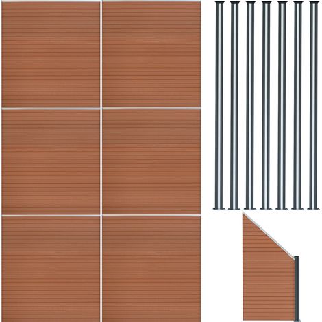 Pannelli Recinzione x6, Elemento Angolare & 8 Pali Metallo 185cm x 1138cm LED Solare Recinzione Doppia Faccia Marrone in Legno Composito per Giardino Esterno, Privacy e Design Moderno