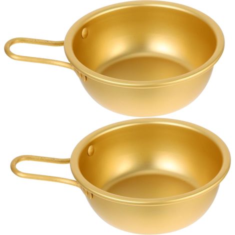 Juego de 2 cuencos coreanos de aluminio amarillo con asas, ideales para arroz, vino, sopa ramen, fiestas en casa y compatibles con utensilios de cocina.