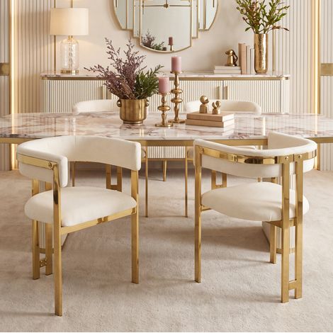 Sedie da pranzo, set da 2, in ciniglia beige e metallo dorato HAVRYA (1/5)