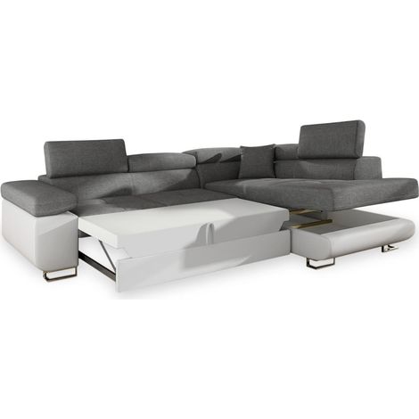 Cotecosy – Canapé d'angle droit convertible tissu gris – Simili cuir blanc – 275 cm – Têtières relevables – Surface de couchage 125 x 193 cm (1/6)