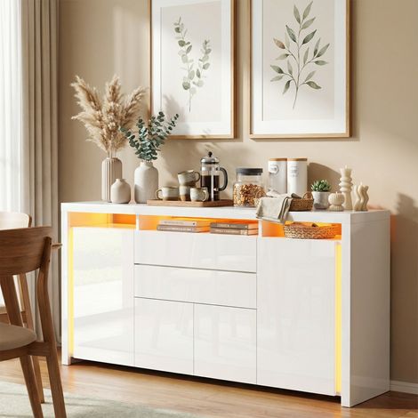 Madia 160 cm, buffet, cassettiere bianca, 4 ante e 2 cassetti, illuminazione LED, mobile contenitore con frontali laccati lucidi, per soggiorno e cucina, stile scandinavo, Bianco