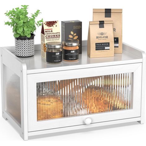 Boîte à pain en bambou pour comptoir de cuisine, boîte à pain extra large avec panneaux transparents à 4 côtés, récipient de rangement en bois pour pain fait maison, blanc (1/5)