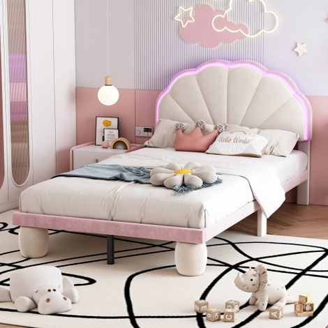 Cama infantil 90x200 cm, cama tapizada con banda LED multicolor, cabecero ondulado, pies redondos tapizados, láminas en madera – Beige y rosa – Terciopelo (1/5)