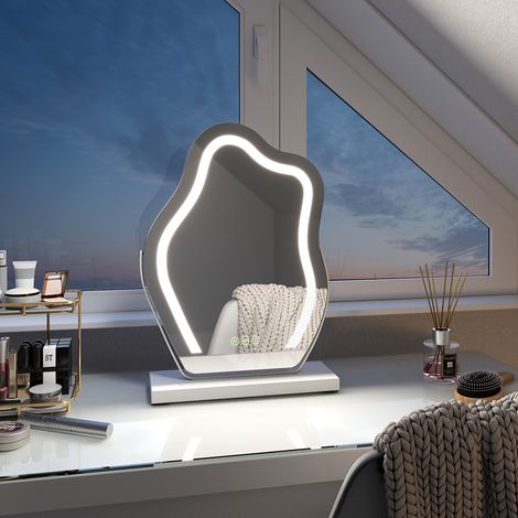 EMKE Schminkspiegel mit Beleuchtung Unregelmäßige Kurve Kosmetikspiegel 360° Drehbar, Touchschalter, 3 Lichtfarben Dimmbar und Memory-Funktion Höhe 30 cm Weiß Rahmen (1/5)