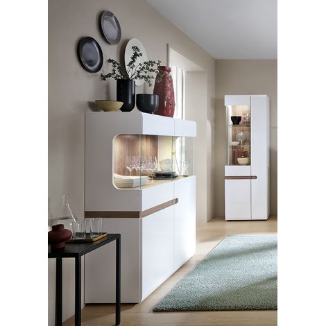 Wohn-/Esszimmer Vitrinen Set mit Beleuchtung in weiß Hochglanz mit Trüffel Eiche Nb. LEGNICA (1/5)