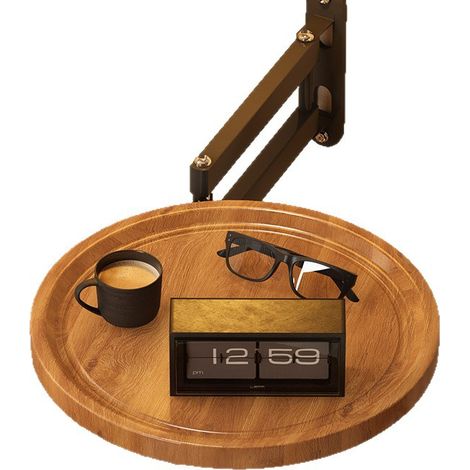 Table murale circulaire pliable et pivotable couleur bois naturel, étagère suspendue à bras extensible pour canapé et chevet (1/5)