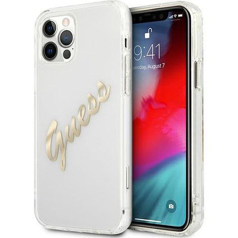 Funda rígida transparente Guess GUHCP12LKTRSVGO para iPhone 12 Pro Max de 6,7 pulgadas, diseño Vintage Script Gold (1/5)