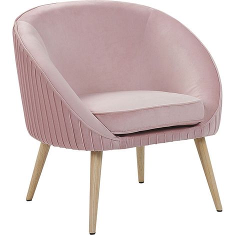 Sillón de terciopelo rosa con reposabrazos y patas de madera estilo retro Tromso