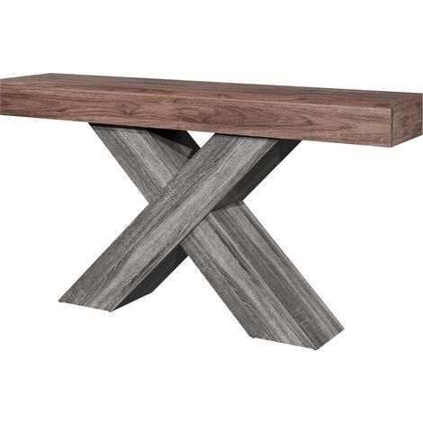 Mesa consola estrecha con patas en X, efecto madera nogal, tablero de aglomerado, 140 x 30 x 80 cm (1/5)