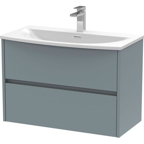 Chartley Contemporary 2 Drawer Wall Hung Vanity Unit with Curved Basin, Coastal Grey, 800mm