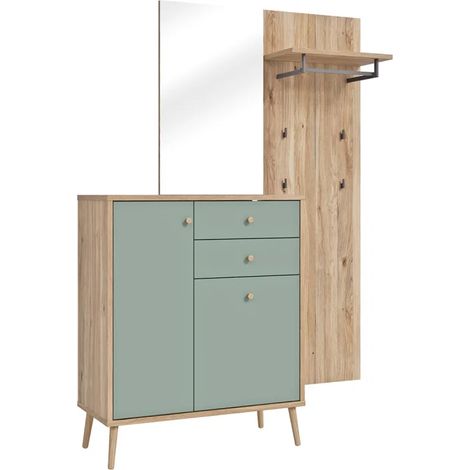 Meuble d’entrée 195 cm décor bois chêne et vert sauge – 2 tiroirs et 3 tablettes – Miroir et crochets inclus – Pour rangement pratique – Meubletmoi (1/5)
