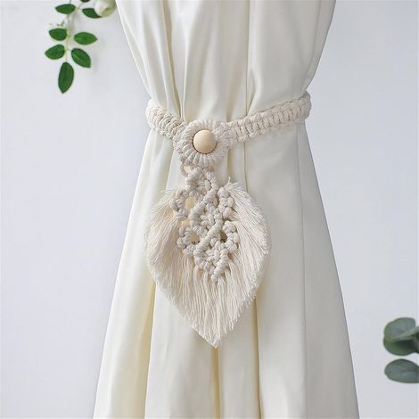 [JAMAIS UTILISÉ]Lot de 2 embrasses de rideaux bohème faites à la main avec feuille de macramé pour décoration de rideaux (Beige) (1/5)