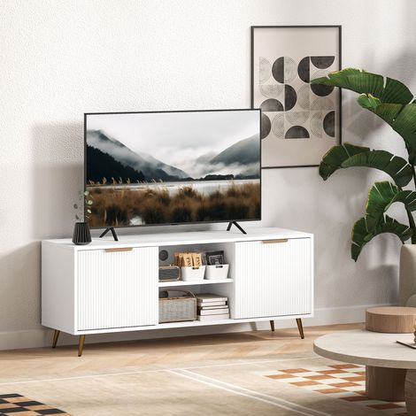 TV-Ständer mit 2 offenen Fächern und 2 Türen, geeignet für 55-Zoll-Fernseher, 120 x 35 x 48 cm, weiß