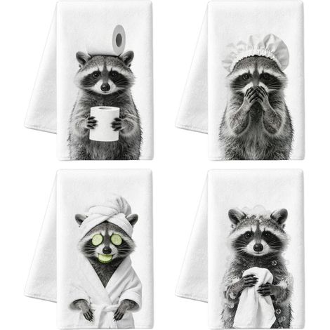 4pcs Serviettes de Cuisine Amusantes Raton Laveur Salle de Bain 60x40cm Torchons Mignons Animaux Torchons de Vaisselle pour Cuisine Salle de Bain Cadeau de Pendaison de Crémaillère (1/5)