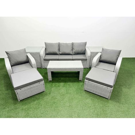 Fimous PE Rattan Garden Furniture Set Reclining Chair Sofa Lounge Sofa Set Rectangular Coffee Table 2 Side Table 2 Big Footstool Light Grey (1/4)