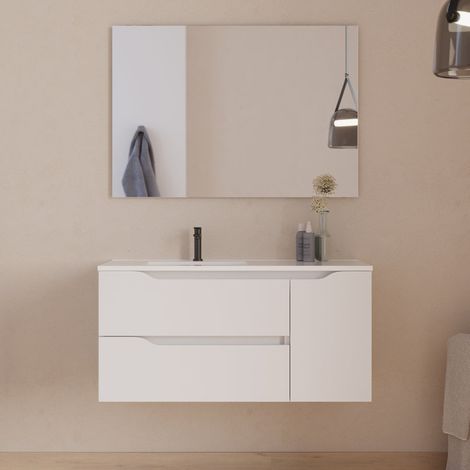 Meuble de salle de bain 100cm avec vasque déportée à gauche et miroir - 2 tiroirs et un placard - blanc - ZARZA