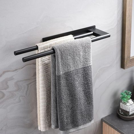 Porte-Serviettes sans Perçage en Acier Inoxydable Double Porte-Serviettes Auto-Adhésif à Deux Bras Invité Porte-Serviettes Noir (1/5)