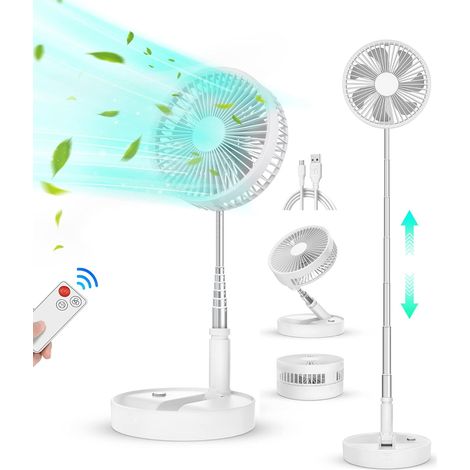 Ventilateur sur pied silencieux avec télécommande, pliable et rechargeable, 20 cm, minuterie 4 heures, 4 vitesses, batterie USB 7200 mAh, idéal pour