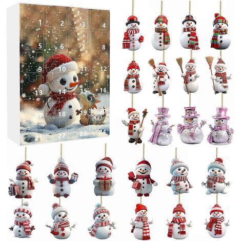 Compte à rebours de Noël de 24 jours, décorations plates en acrylique 2D, pendentifs en forme de chapeau de bonhomme de neige de styles variés, boîte surprise (1/5)