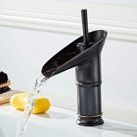 Robinet Salle Bain Noir, Robinet Salle de Bain Cascade Mitigeur Lavabo Noir Rétro à Levier Unique Mitigeur Salle de Bain, Laiton Comptoir Haut Lavabo Robinet Lave Main Robinet Vasque (1/5)