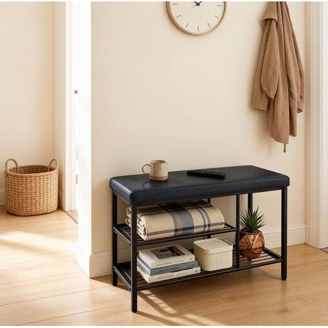 Schuhbank mit Sitz und 3 Fächern 80x30x50 cm Schwarz OKMYHOME (1/5)