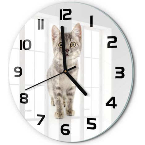 Horloge Murale Ronde Maison et Bureau Verre Trempé Mouvement Silencieux Chat gris fi 30 cm (1/5)