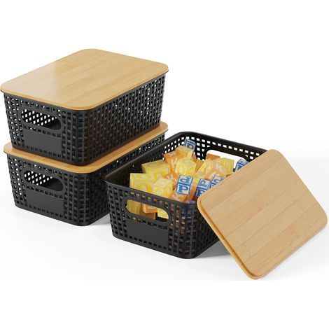 3er-Set Aufbewahrungsboxen, Bambusdeckel, PP-Kunststoff, stapelbar, belüftet, mit Griff, für Bad und Küche (1/5)