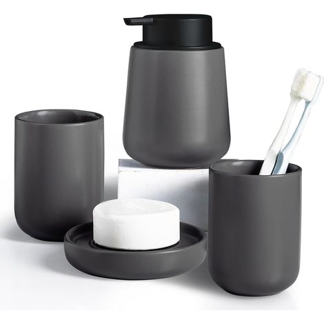 4-teiliges Keramik-Accessoire-Set: Seifenschale, Seifenspender, Zahnbürste, Becher – grau – für Zuhause und Badezimmer