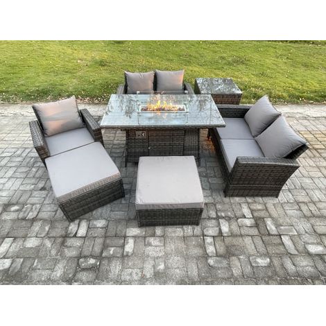 Fimous 7 Seater Rattan Outdoor Garden Furniture Gas Fire Pit Table Sets Gas Heater with Love Sofa Armchair 2 Big Footstool Side Table Dark Mixed Grey (1/5)