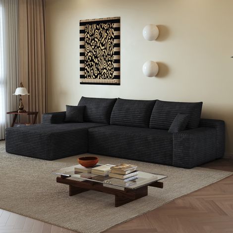Divano modulare angolare con chaise longue a L, seduta profonda, schiuma elastica, tessuto a coste nero (1/5)