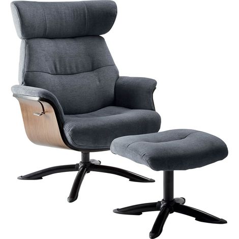 Fauteuil relax manuel pivotant + repose-pieds bois et tissu bleu - NAKANO (1/4)