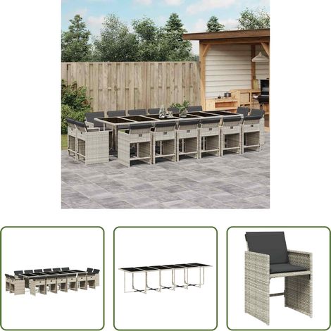Gartentisch - 17-tlg. Garten-Essgruppe mit Kissen Hellgrau Poly Rattan (1/5)