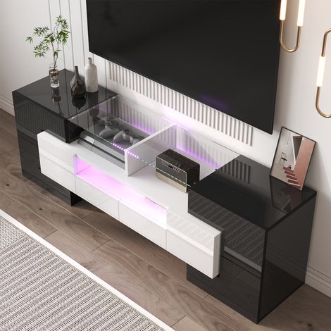 Meuble TV design blanc laqué brillant, 145 cm, avec éclairage LED, meuble bas salon moderne, façade en verre élégant, rangement élégant pour salon. (1/5)