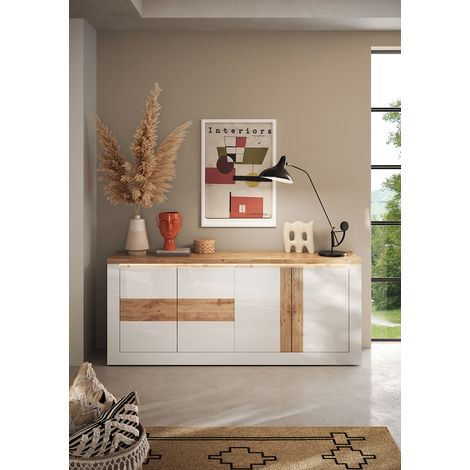 Buffet/bahut contemporain 210 cm blanc laqué brillant Isia (1/5)