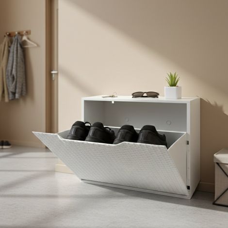 Dmora Estante de zapatos de polipropileno de efecto de ratán con 1 conjunto modular de inclinación dentro o externo, 100% Made in Italy, 51x18h40 cm, color blanco (1/4)