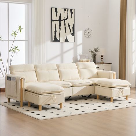 Divano modulare a U 4 posti con 2 pouf contenitore, chenille beige, 261 x 77 x 86 cm DESVIAE (1/5)
