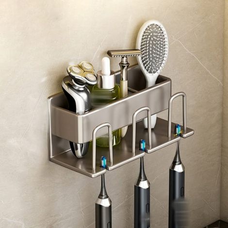 Grauer Wand-Zahnbürstenhalter mit 3 Tassen, Badezimmer-Aufbewahrungsbox, ohne Bohren, langlebiges Metall, 20 x 7,5 x 8 cm