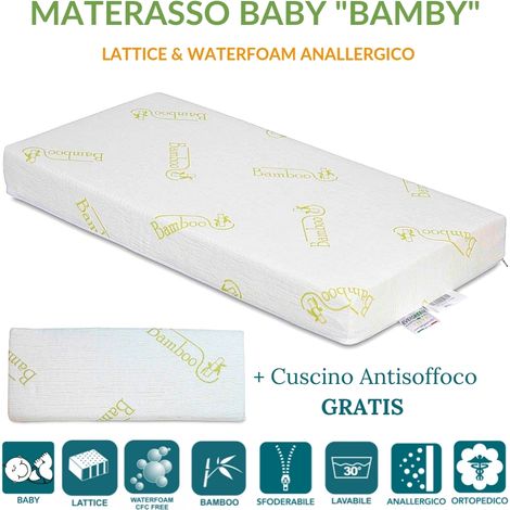EVERGREENWEB - Materasso Lettino o Culla 60x120 in LATTICE e Waterfoam per Bambini alto 12 cm + Cuscino ANTISOFFOCO su misura GRATIS Fodera BAMBOO, Rivestimento Sfoderabile Anallergico Lavabile BAMBY