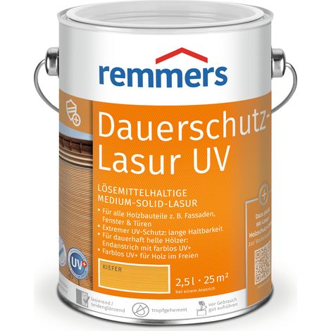 Remmers Dauerschutz-Lasur UV kiefer, 2,5 Liter, Holz UV-Schutz für außen, auch für helle Farbtöne und farblos UV+, blockfest, wetterbeständig