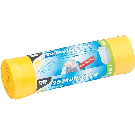 Lot de 20 sacs poubelle HDPE 20µ, 60 litres, jaune, avec liens coulissants